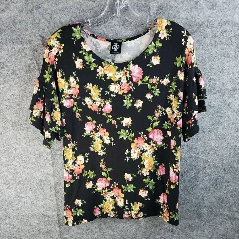 Agnes & Dora Frill Sleeve Top Women's Size S Black Floral